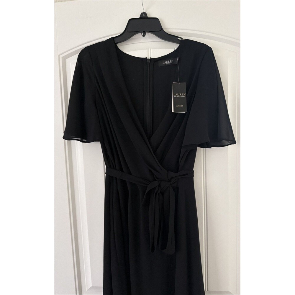 Lauren Ralph Lauren Women's Belted Fit & Flare Georgette Dress Rich Black 2 - Picture 6 of 12